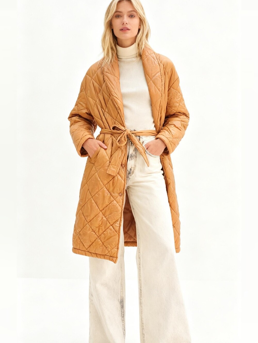 Daisy Quilted Button-Down Belted Puffer Coat in Camel